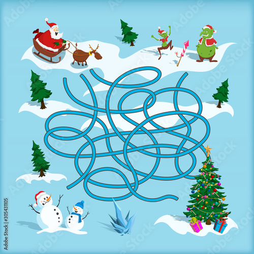 Christmas maze. Kids labyrinth. Cartoon game: search the path. Help Santa find the way to xmas tree. Winter holiday quest