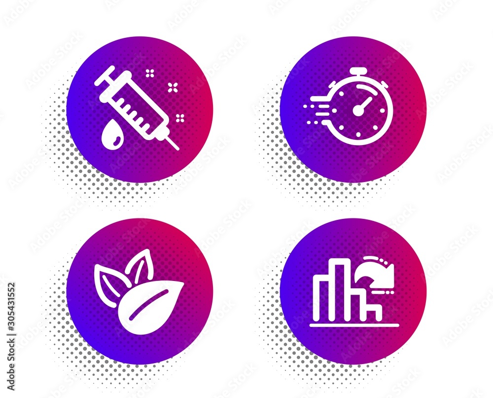 Organic product, Timer and Medical syringe icons simple set. Halftone dots button. Decreasing graph sign. Leaves, Deadline management, Vaccination. Column chart. Science set. Vector