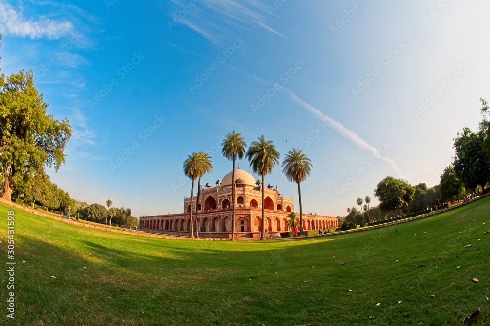 Humayun's tomb of Mughal Emperor Humayun designed by Persian architect Mirak Mirza Ghiyas in New Delhi, India. Tomb was commissioned by Humayun's wife Empress Bega Begum in 1569-70