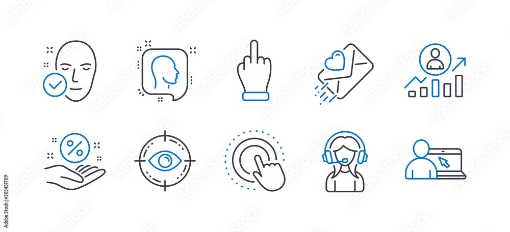 Set of People icons, such as Eye target, Support, Career ladder, Click hand, Head, Health skin, Loan percent, Love letter, Middle finger, Online education line icons. Optometry, Call center. Vector