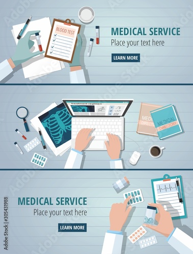 Doctors table workplaces. Medicine concept set web banners. 