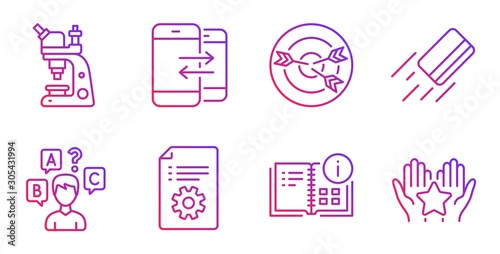 Technical documentation, Phone communication and Microscope line icons set. Credit card, Targeting and Quiz test signs. Instruction info, Ranking symbols. Manual, Incoming and outgoing calls. Vector