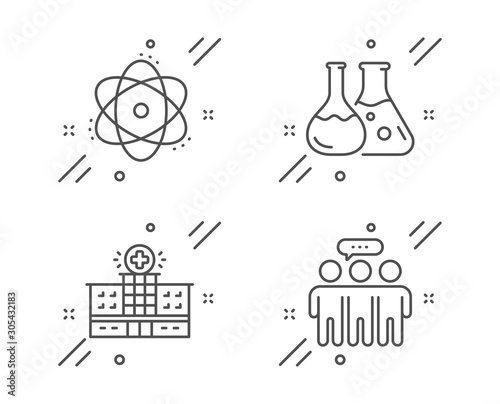 Atom  Hospital building and Chemistry lab line icons set. Employees group sign. Electron  Medical help  Laboratory. Collaboration. Science set. Line atom outline icon. Vector