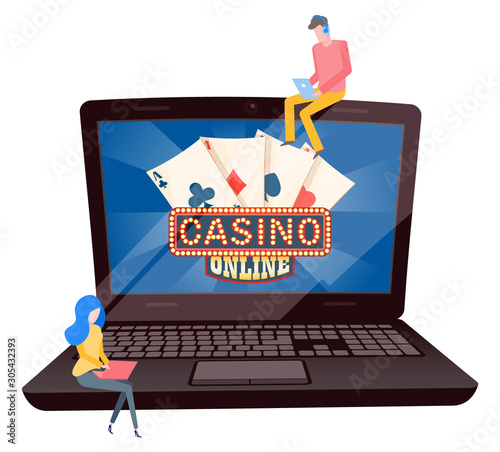 Illuminated asino online sign and playing cards on laptop screen. Man and woman working with computer. Game of chance, betting and gambling vector