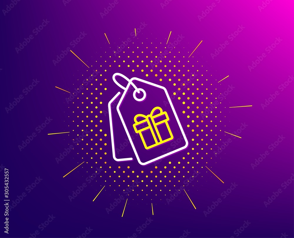 Obraz premium Coupons with Gifts line icon. Halftone pattern. Present box or Sale sign. Birthday Shopping symbol. Package in Gift Wrap. Gradient background. Coupons line icon. Yellow halftone pattern. Vector