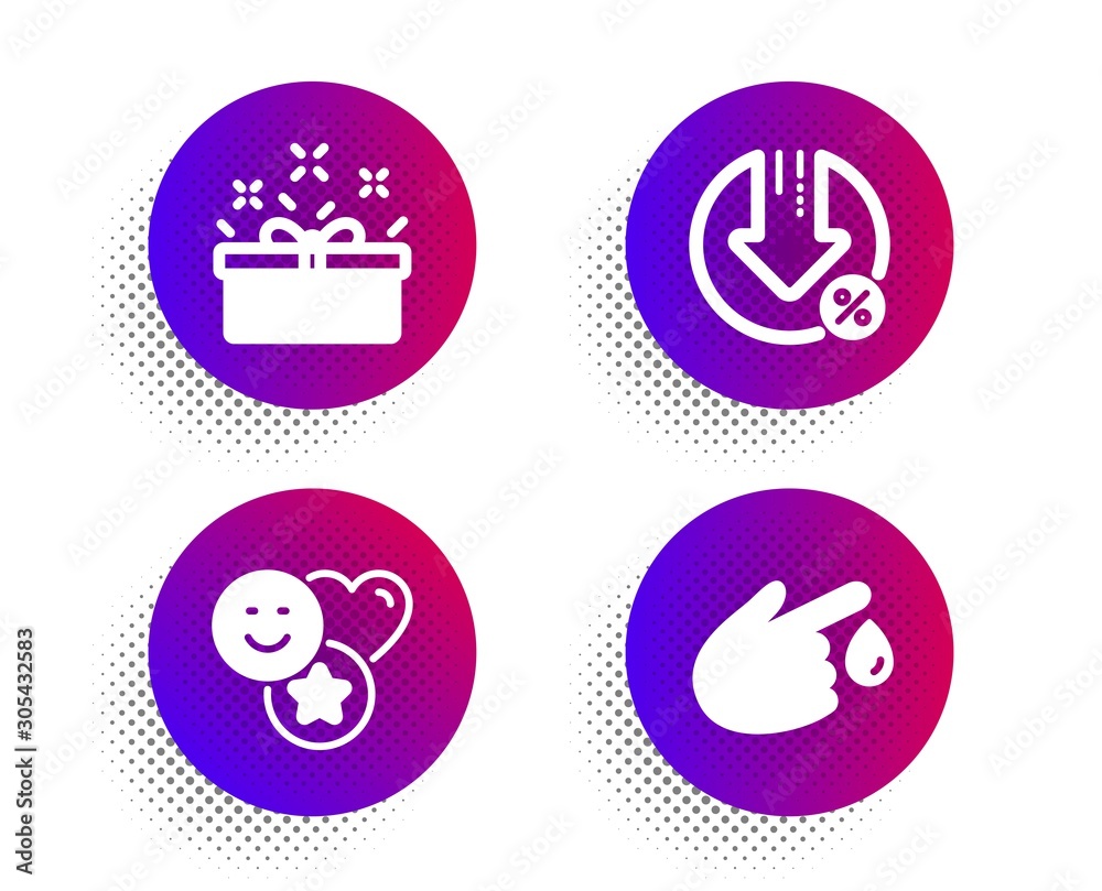 Loan percent, Present box and Smile icons simple set. Halftone dots button. Blood donation sign. Decrease rate, Sale offer, Social media likes. Injury. Business set. Vector Loan percent, Present box and Smile icons simple set. Halftone dots button. Blood donation sign. Decrease rate, Sale offer, Social media likes. Injury. Business set. Vector