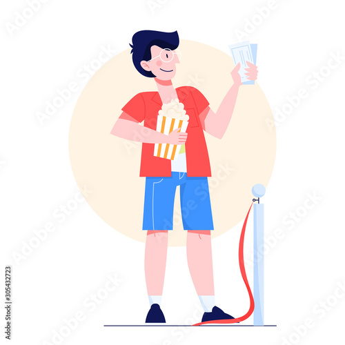 Man in cinema queue holding tickets. Character with popcorn.
