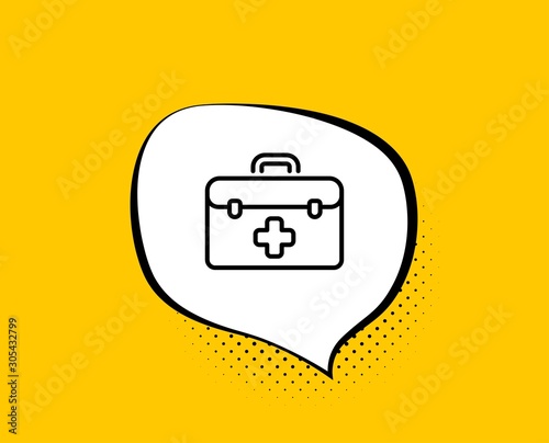 First aid line icon. Comic speech bubble. Medicical kit sign. Pharmacy medication symbol. Yellow background with chat bubble. First aid icon. Colorful banner. Vector