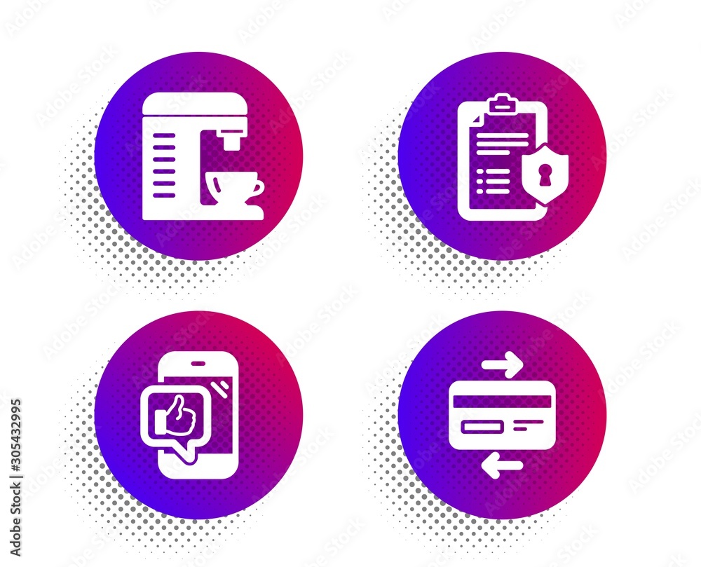 Mobile like, Coffee machine and Privacy policy icons simple set. Halftone dots button. Credit card sign. Phone thumbs up, Cappuccino machine, Checklist. Bank payment. Technology set. Vector Mobile like, Coffee machine and Privacy policy icons simple set. Halftone dots button. Credit card sign. Phone thumbs up, Cappuccino machine, Checklist. Bank payment. Technology set. Vector