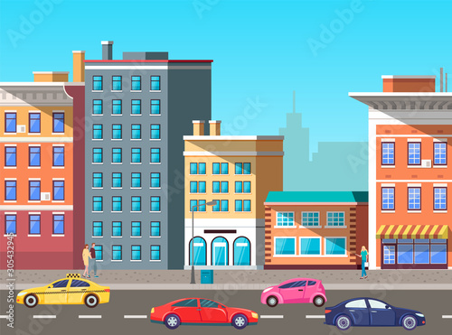 Urban landscape with modern infrastructure, buildings and busy road with cars and vehicles. City transport, traffic on street. Cityscape with houses facades. Highway with colorful cars. Flat cartoon