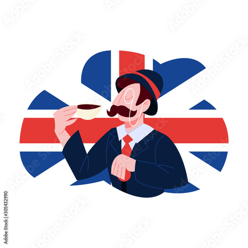 Vector illustration of English man holding a cup of tea