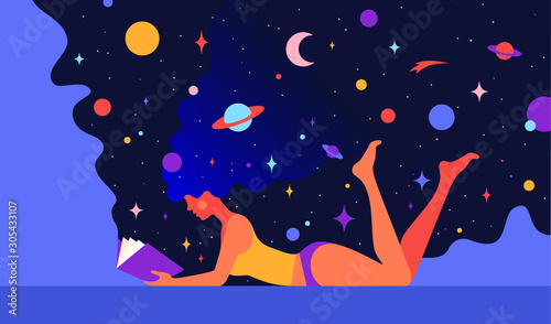 Modern flat character. Woman with dream universe reads open book