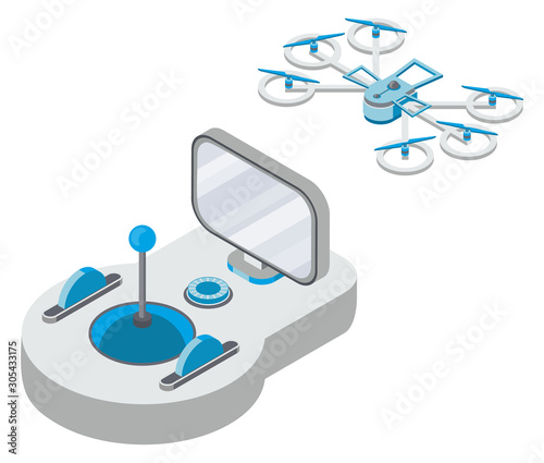 Drone with remote controller, wireless device with propellers, quadcopter symbol, aircraft with remotely radio controlled flying robots, discovery air robot for video and photo, multicopter vector