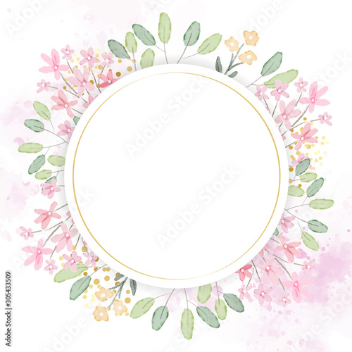 watercolor botanical hand drawing leafs wreath with tiny pink and yellow flowers golden collection