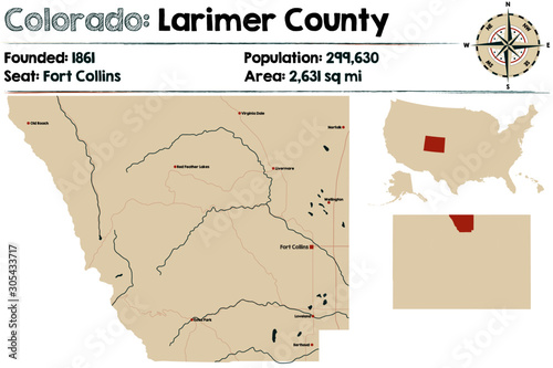 Large and detailed map of Larimer county in Colorado, USA.