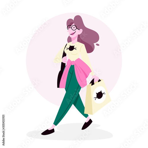 Isolated vector illustration of cat lover doing her daily routine