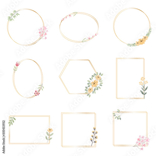 watercolor botanical hand drawing leafs wreath with tiny pink and yellow flowers golden collection