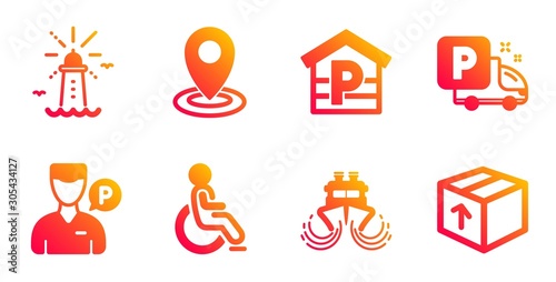 Disabled, Ship and Lighthouse line icons set. Parking, Location and Truck parking signs. Valet servant, Package symbols. Handicapped wheelchair, Shipping watercraft. Transportation set. Vector