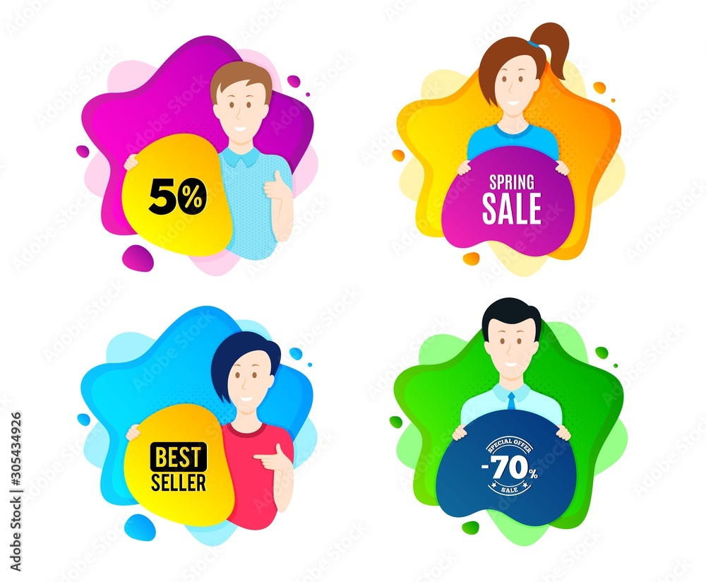 Spring Sale. People shape offer badge. Special offer price sign. Advertising Discounts symbol. Dynamic shape offer. Worker person badge. Cut out people coupon. Spring sale text. Vector Spring Sale. People shape offer badge. Special offer price sign. Advertising Discounts symbol. Dynamic shape offer. Worker person badge. Cut out people coupon. Spring sale text. Vector