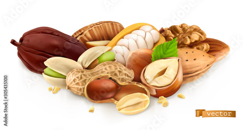 Nuts. Peanut, hazelnut, pistachios, almond, cocoa bean. 3d realistic vector illustration