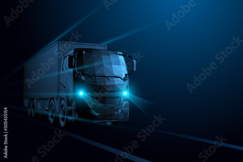 Vector 3d heavy Truck. Highway road. Delivery transport, cargo logistic concept.