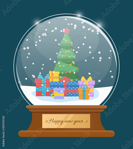 Greeting card Happy New Year with glossy snowball. Snowflakes on fir-tree and present box in glass bulb. Xmas postcard in blue color decorated by snowglobe with traditional gift and wood symbol vector