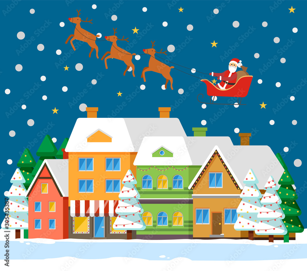 Santa Claus with deer going above house and fir-tree. Snowy weather and dark view of street with colorful building. Winter holiday postcard with snowflakes and construction, cold weather vector