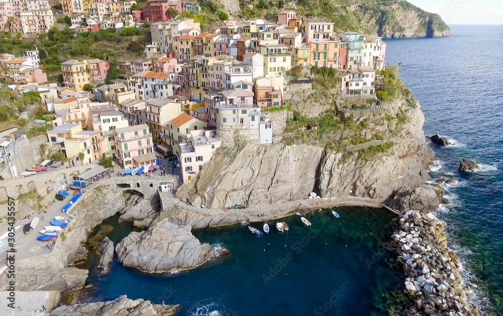 Aerial view of Manarola. Five Lands from the sky, Italy