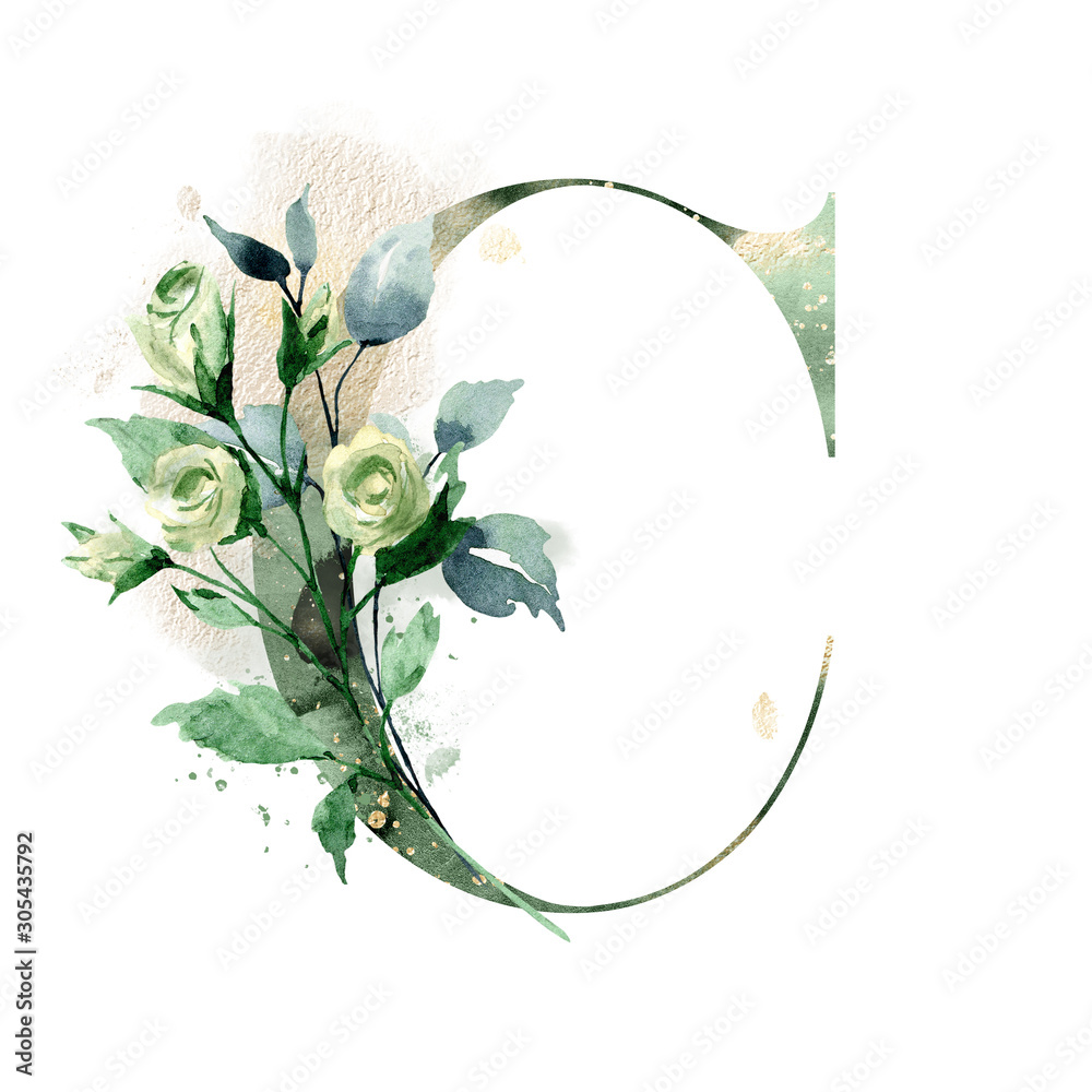 Floral alphabet, letter C with watercolor flowers, leaf and gold splashes. Monogram initials ...