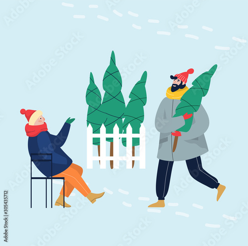 Isolated vector illustration of warmly dressed man with Christmas tree