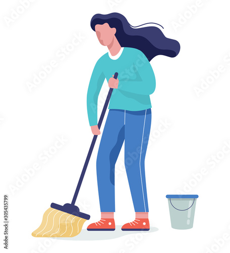 Woman cleaning the floor with a broom. Housework