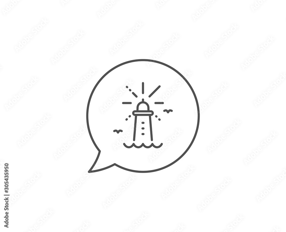 Lighthouse line icon. Chat bubble design. Beacon tower sign. Searchlight building symbol. Outline concept. Thin line lighthouse icon. Vector Lighthouse line icon. Chat bubble design. Beacon tower sign. Searchlight building symbol. Outline concept. Thin line lighthouse icon. Vector