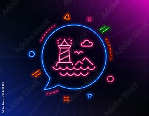Lighthouse line icon. Neon laser lights. Beacon tower sign. Searchlight building symbol. Glow laser speech bubble. Neon lights chat bubble. Banner badge with lighthouse icon. Vector