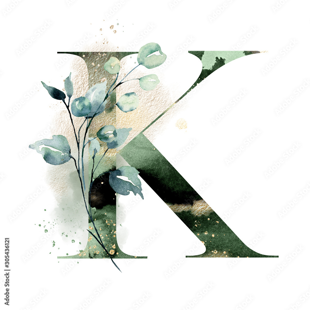 Floral alphabet, letter K with watercolor flowers, leaf and gold
