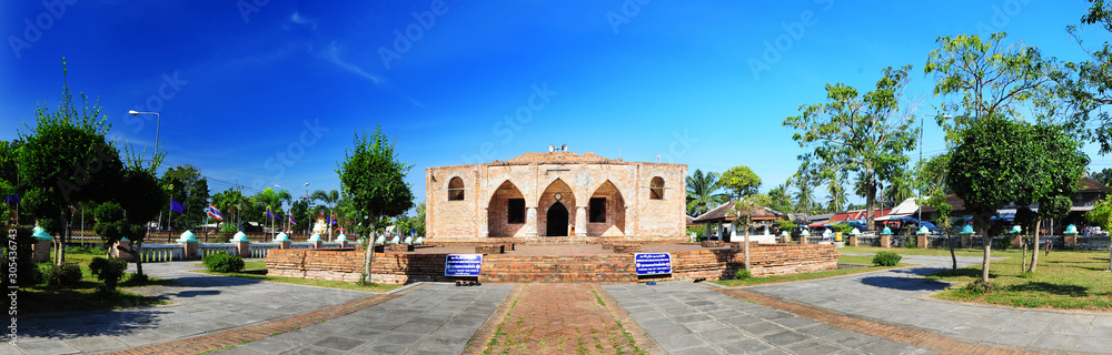 Historic Kru Se mosque which is made of bricks with round pillars. The mosque represents a unique Islamic civilization of the Kingdom of Pattani in Thailand.
