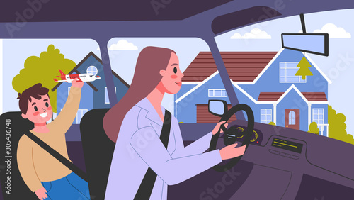 Vector illustration of people inside their cars. Female characters driving