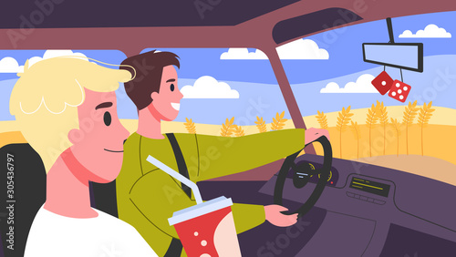 Vector illustration set of people inside their cars. Male and female characters