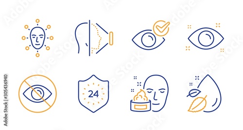 Face id, Face cream and 24 hours line icons set. Check eye, Health eye and Not looking signs. Water drop symbol. Phone scanning, Gel. Medical set. Line face id icon. Vector