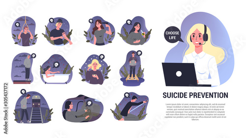 Vector illustratiion of diffrent suicide methods set. Sad people photo