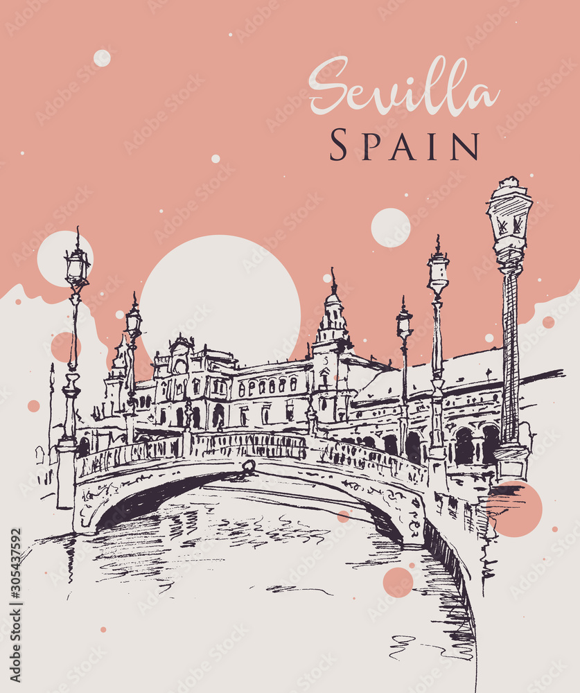 Naklejka premium Drawing sketch illustration of la Plaza de Espana