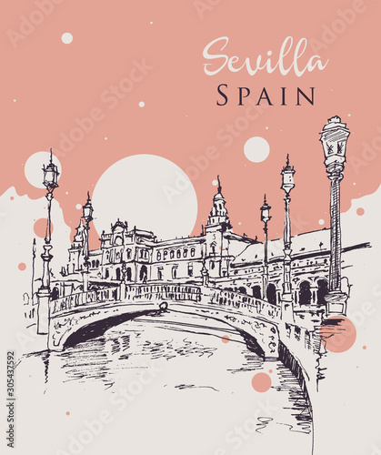 Drawing sketch illustration of la Plaza de Espana