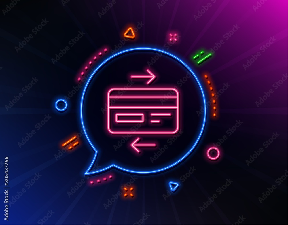 Credit card line icon. Neon laser lights. Bank payment method sign. Online Shopping symbol. Glow laser speech bubble. Neon lights chat bubble. Banner badge with credit card icon. Vector