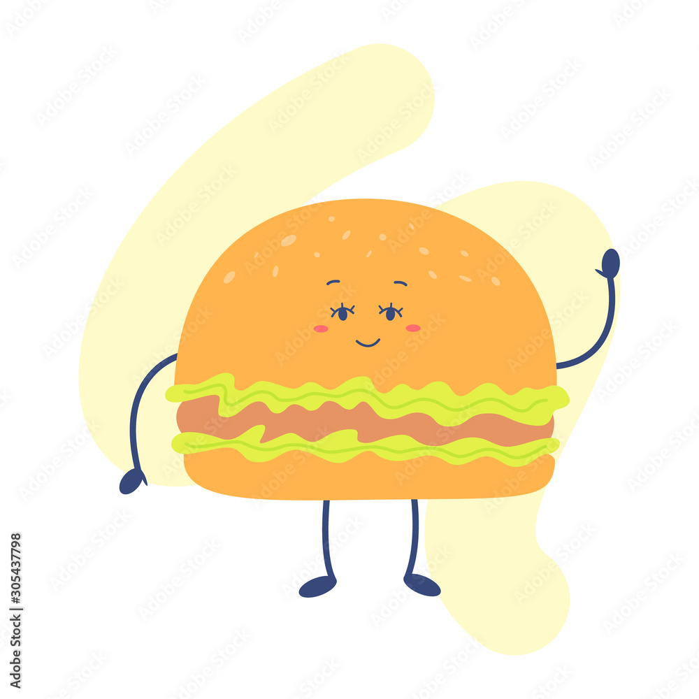 Funny fast food with cute face. Junk food, burger with happy smiling face. Funny fast food with cute face. Junk food, burger with happy smiling face.