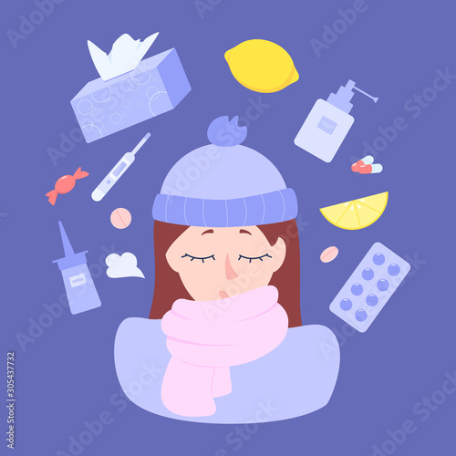 Healthcare and medical treatment concept. Ill female caracter
