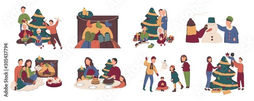 Bundle of people preparing for and celebrating winter holidays. Men, women and children decorating Christmas tree, serving festive table, sitting beside fireplace. Flat cartoon vector illustration.