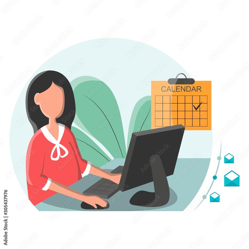 Business woman working on a laptop with email icon. Business woman receiving email. Business woman sending email. Business technology, email concept. Vector flat design illustration. Square layout.