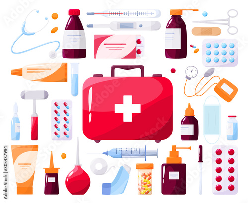 Medical tools set with syringe and amp. Stethoscope and thermometer