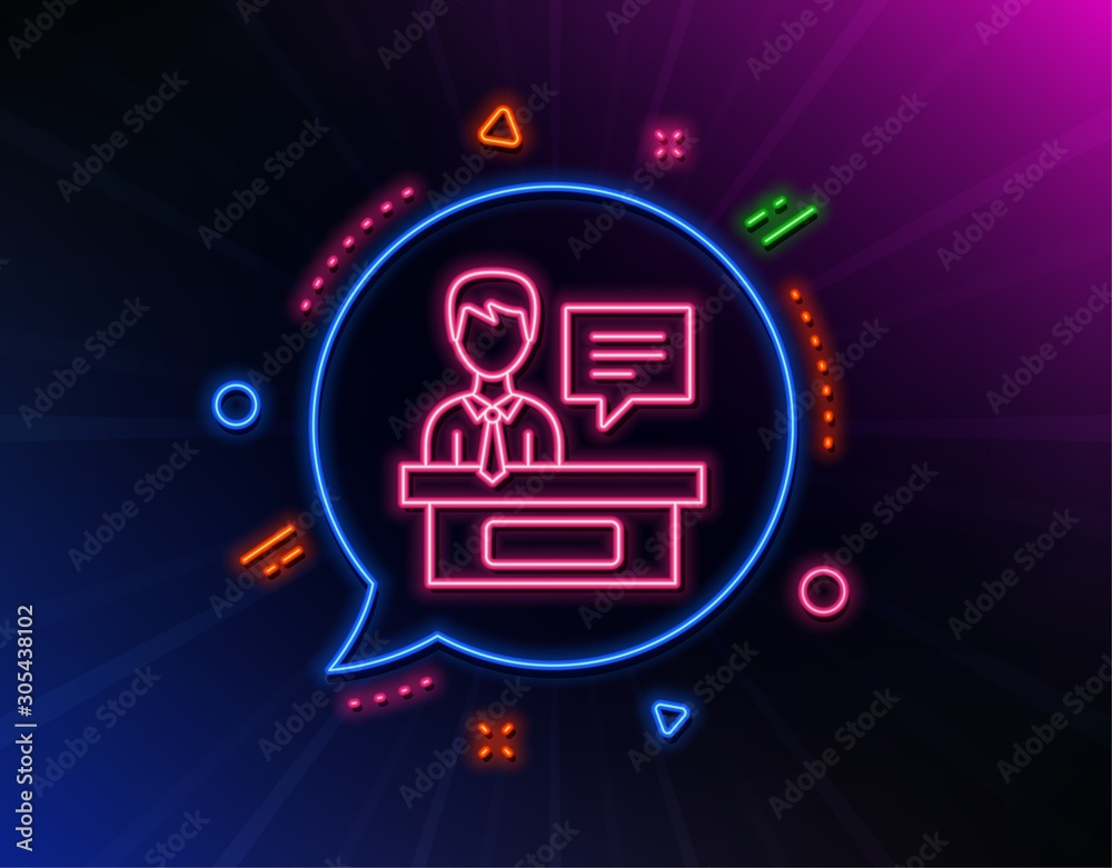 Exhibitors line icon. Neon laser lights. Information desk sign. Glow laser speech bubble. Neon lights chat bubble. Banner badge with exhibitors icon. Vector Exhibitors line icon. Neon laser lights. Information desk sign. Glow laser speech bubble. Neon lights chat bubble. Banner badge with exhibitors icon. Vector