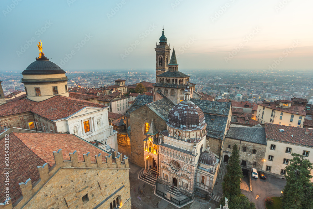 View from Campanone with Duomo to left and Cappella Colleoni/Basilica di Santa Maria Maggiore to right, Bergamo, Lombardy, Italy