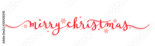 MERRY CHRISTMAS red vector brush calligraphy banner with snowflakes